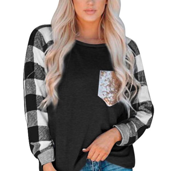 NEW! Black White Buffalo Check Sleeve Shirt Sequin - Picture 13 of 14